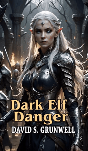 The cover for the novel Dark Elf Danger. A beautiful elven woman with silver-white hair, pale skin, full blood red lips, and shockingly blue eyes is staring intensely, just to the right of the viewer. She is wearing blue-black armor and shoulder guards; it all has organic gold detailing. The background scene is a murky, blue-green mix of strong gothic pillars, and there are scores of other dark elves with her. Text on the image, Ruferto Basaretti No. 3, Dark Elf Danger, and David S. Grunwell. Dark Elf Danger is in a shiny, beveled, gold font. The other text is white with a dark black outline.