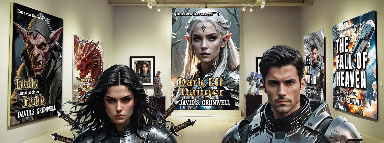 A gallery in a museum with huge posters of David's novels on the walls. To the left is a beautiful, dark-haired woman dressed in leather armor with daggers on her bodice. Next to her to the right is a handsome dark-haired man dressed in futuristic body armor. Both are staring at the viewer. 