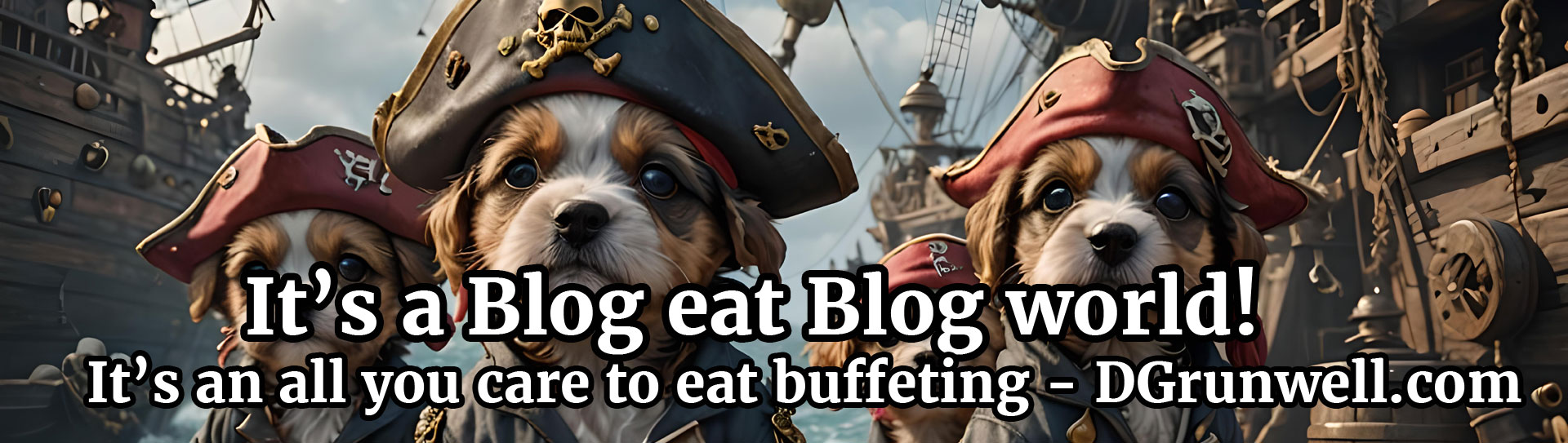 A rogues gallery of cute scruffy puppies dressed as pirates. Text It is a Blog eat Blog world, and, It's all you care to eat - dgrunwell.com