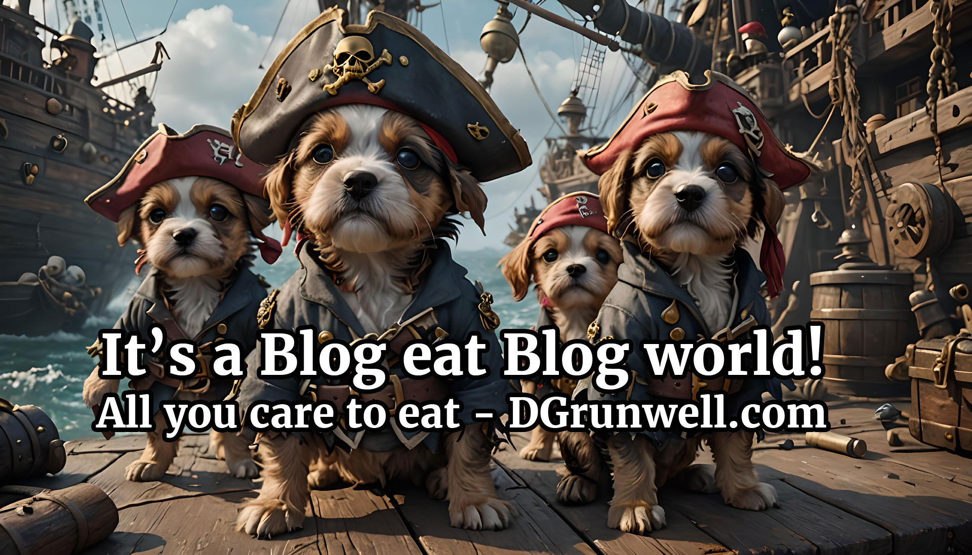 A rogues gallery of cute scruffy puppies dressed as pirates. Text It is a Blog eat Blog world, and, It's all you care to eat - dgrunwell.com