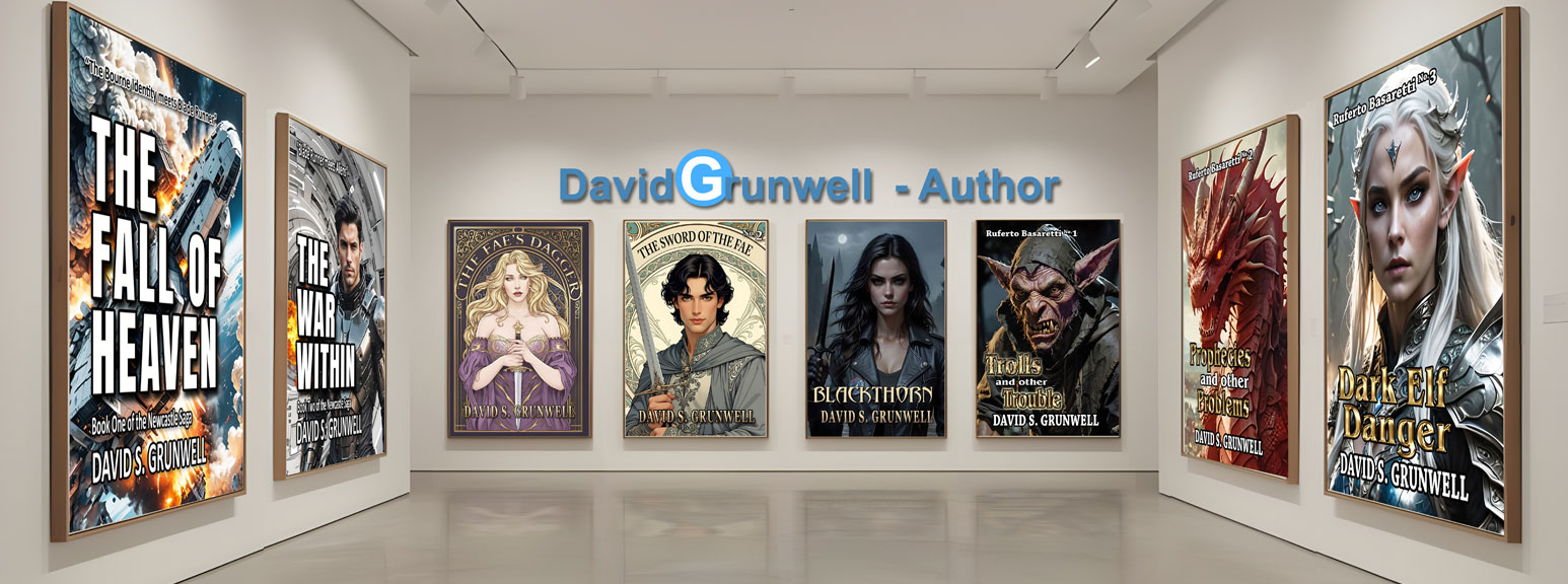 An upscale museum gallery with huge posters of David's novels on the walls. To the left is The Newcastle Saga science fiction series. Straight ahead is The Fae's Dagger and The Sword of the Fae fantasy novels. Next to that is the cover for Blackthorn, a contemporary fantasy novel. To the right is The Adventures of Ruferto Basaretti fantasy series.
